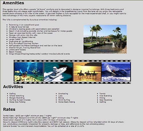 A list of activities and amenities are shown